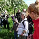 E. Westphal erklärt vor einem blühenden Apfelbaum